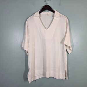 P Cill Women Ivory Linen Blend Textured V-Neck Tunic Top PT10803 Size M